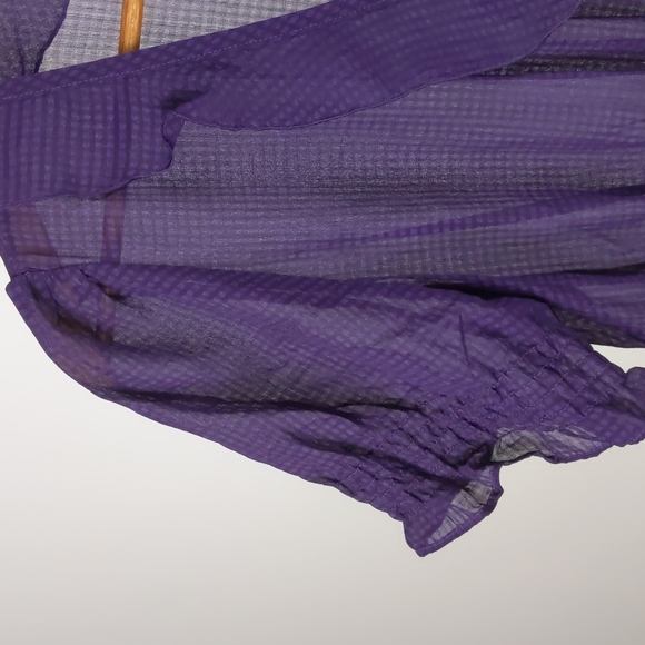 Basque Blouse Size 14 Purple Sheer Ruffle Short Sleeve Button-up Check Elastic - Picture 3 of 13